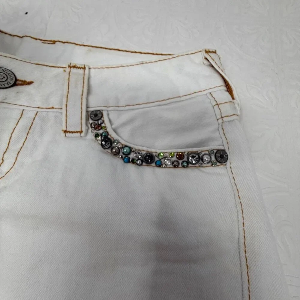 Vintage True Religion White Distressed Joey Cut Off Embellished Shorts Size 26